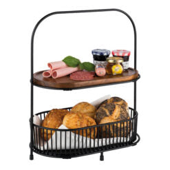 5 Piece Set (includes 2 Tier Serving Stand with 2 x Removable Black Metal Baskets & 2 x Oiled Acacia Wood Boards) (Pre Order Only)