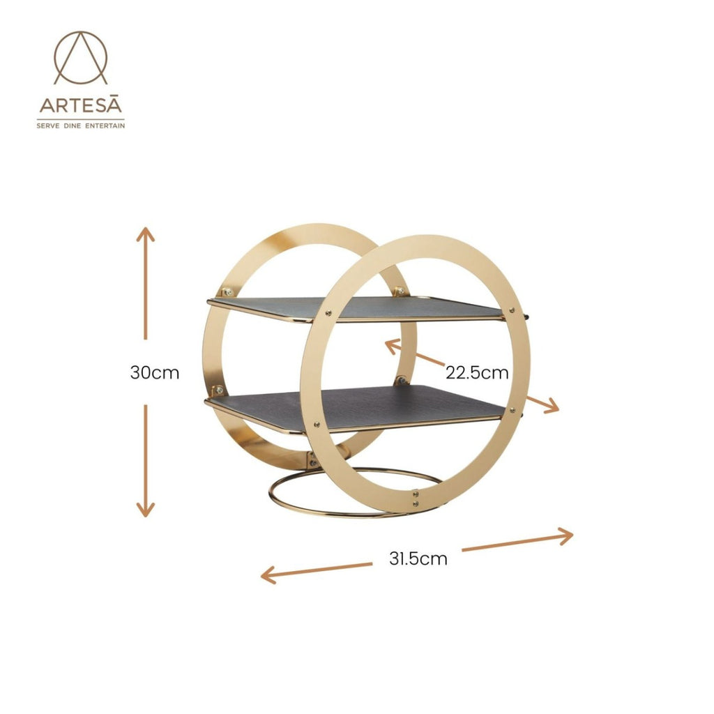Artesá 2-Tier Geometric Brass-Finished Serving Stand with Slate Serving Platters