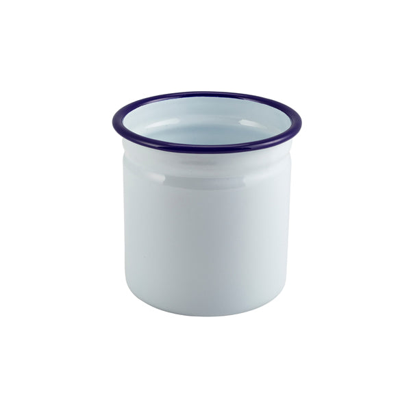 Enamel Cutlery Holder White with Blue Rim 11.5cm Dia Box of 6