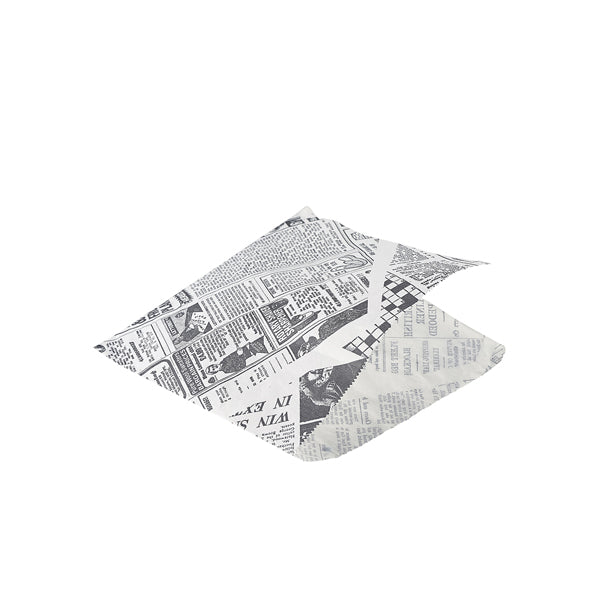 Greaseproof Paper Bags White Newspaper Print 17.5 x 17.5cm
