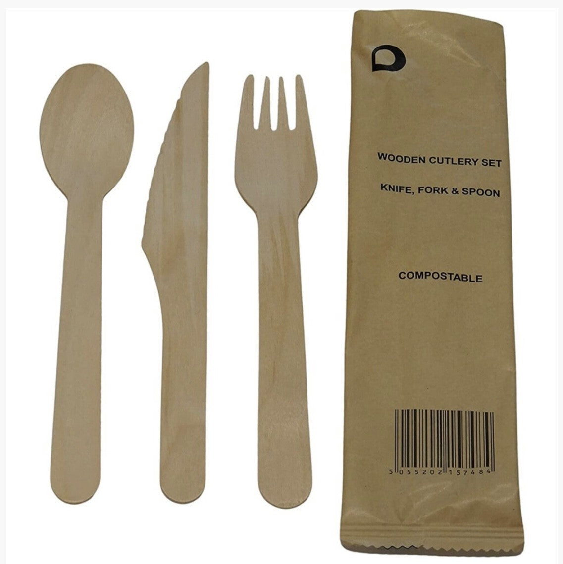 Dispo Wood Cutlery Pack, Knife, Fork & Spoon Set Box of 500