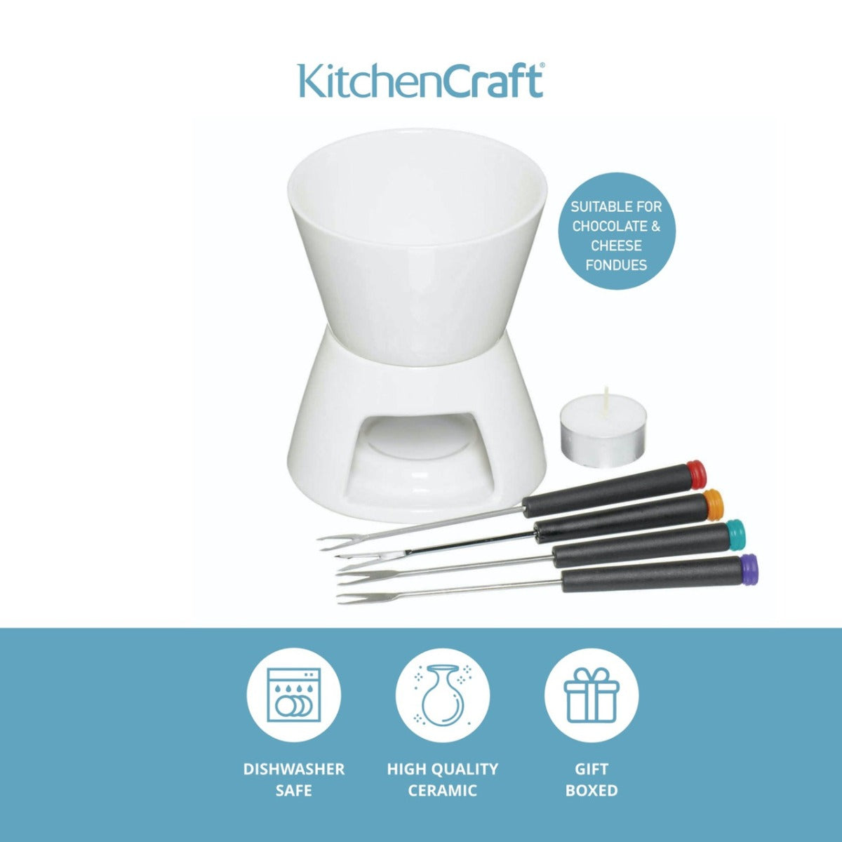 Ceramic White KitchenCraft Chocolate Fondue Set 4.7x5.5" / 12x14cm